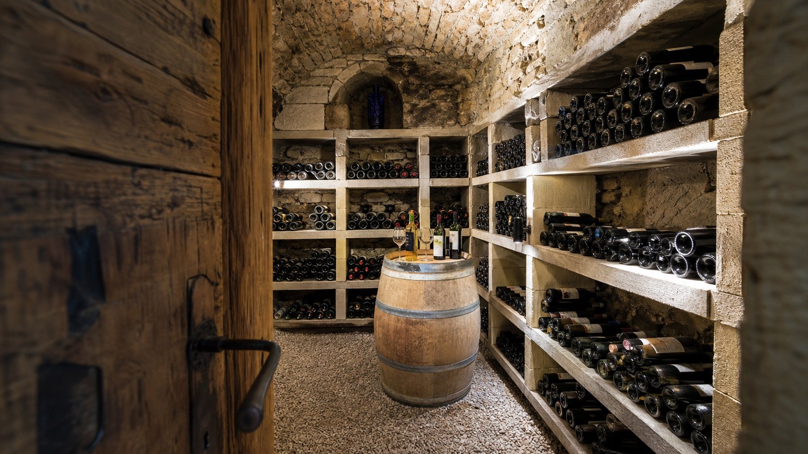 Cave à vin sur mesure aux casiers de bois intégrée avec soin dans une pièce de la maison