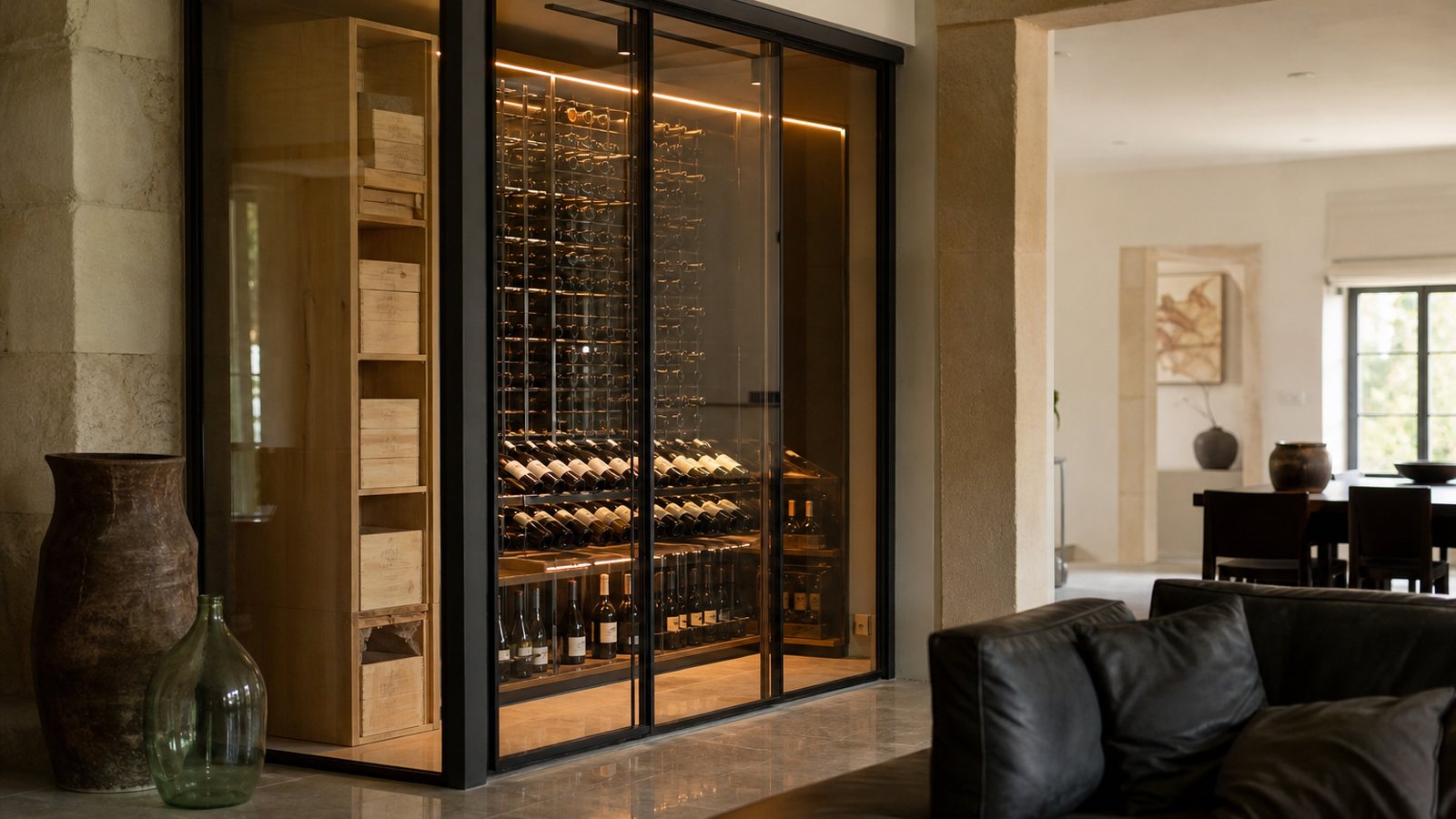 Cave à vin vitrée éclairée formant la pièce maîtresse d'un salon contemporain élégant