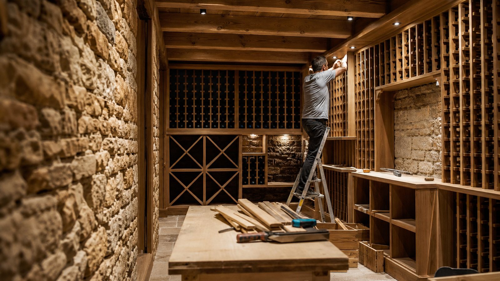Artisan posant les casiers en bois massif d'une cave à vin sur mesure en cours de chantier