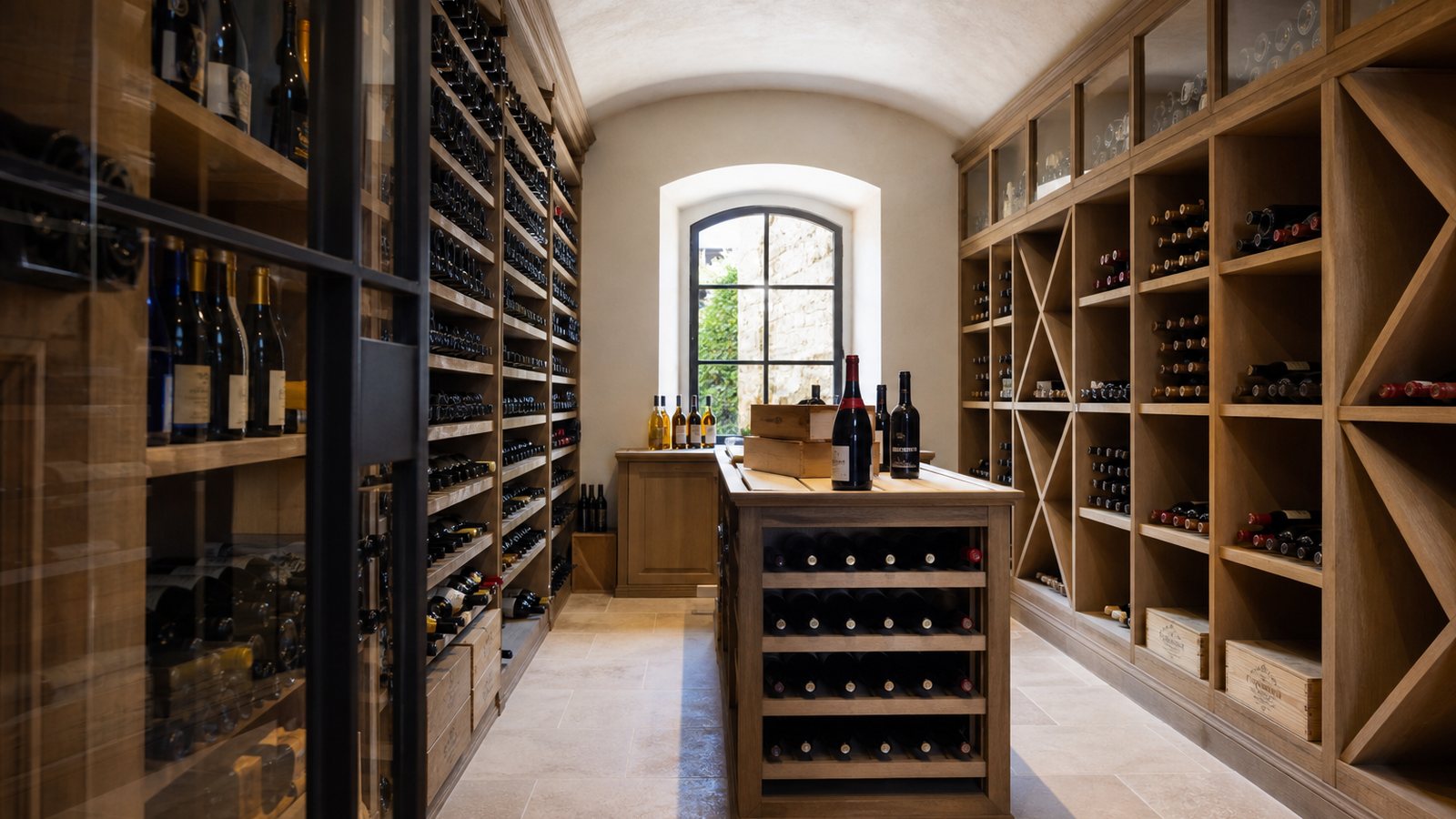 Cave à vin sur mesure en bois et verre remplie de grands crus